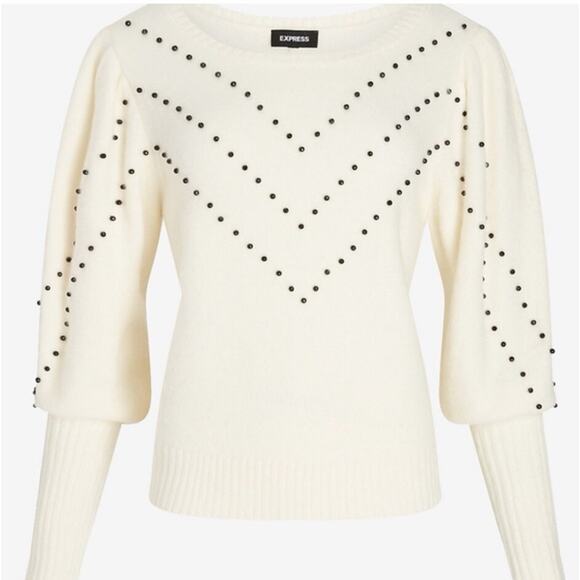 Express Beaded Sweater Puff Sleeve White Cream Sequin Embroidered V Size XL EUC - Picture 1 of 6